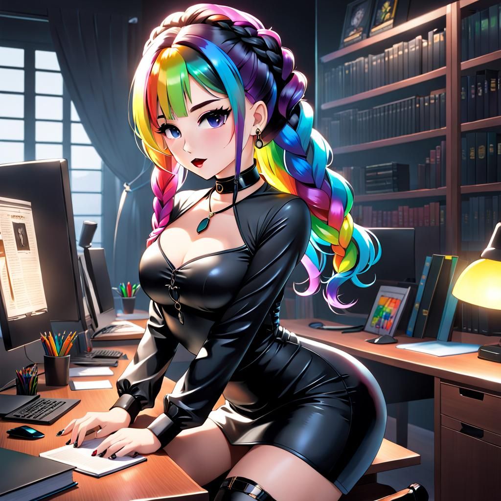 Manga-Style Librarian in Black Dress, Cel-Shaded Art