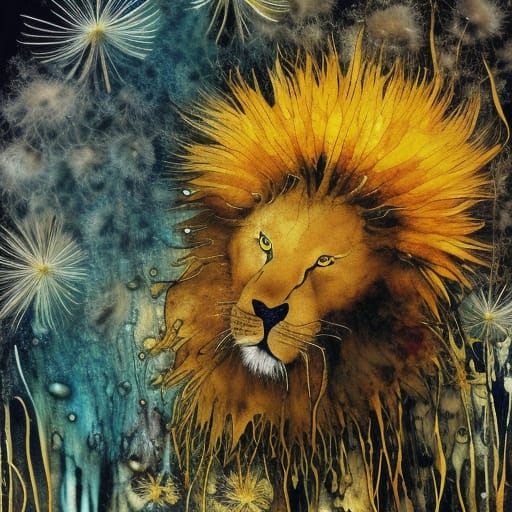 Dandelion Lion Ink Splatter Liquid Watercolor Painting