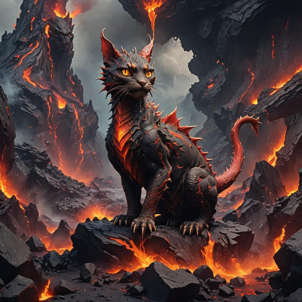 Dragon Cat in Volcano: Detailed Matte Painting