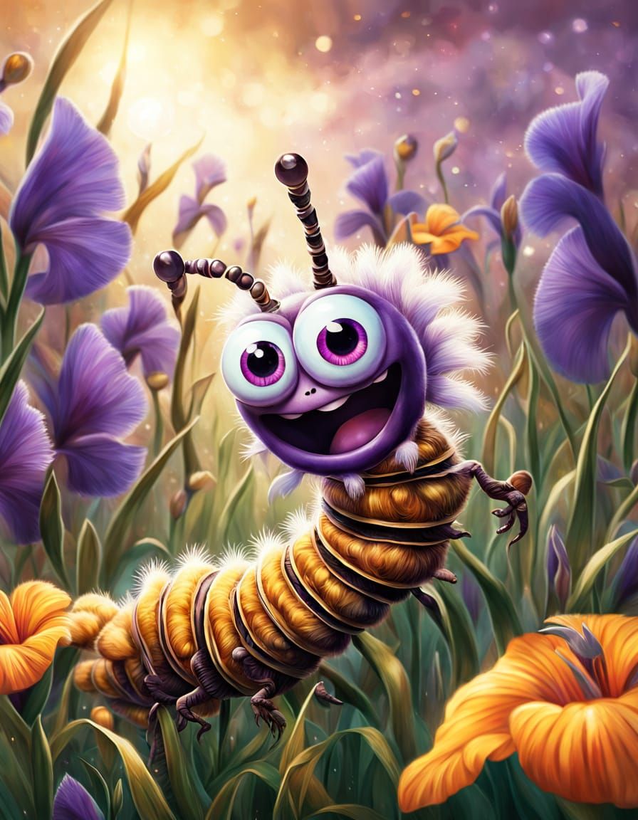 Excited Caterpillar in a Surreal Flower Garden