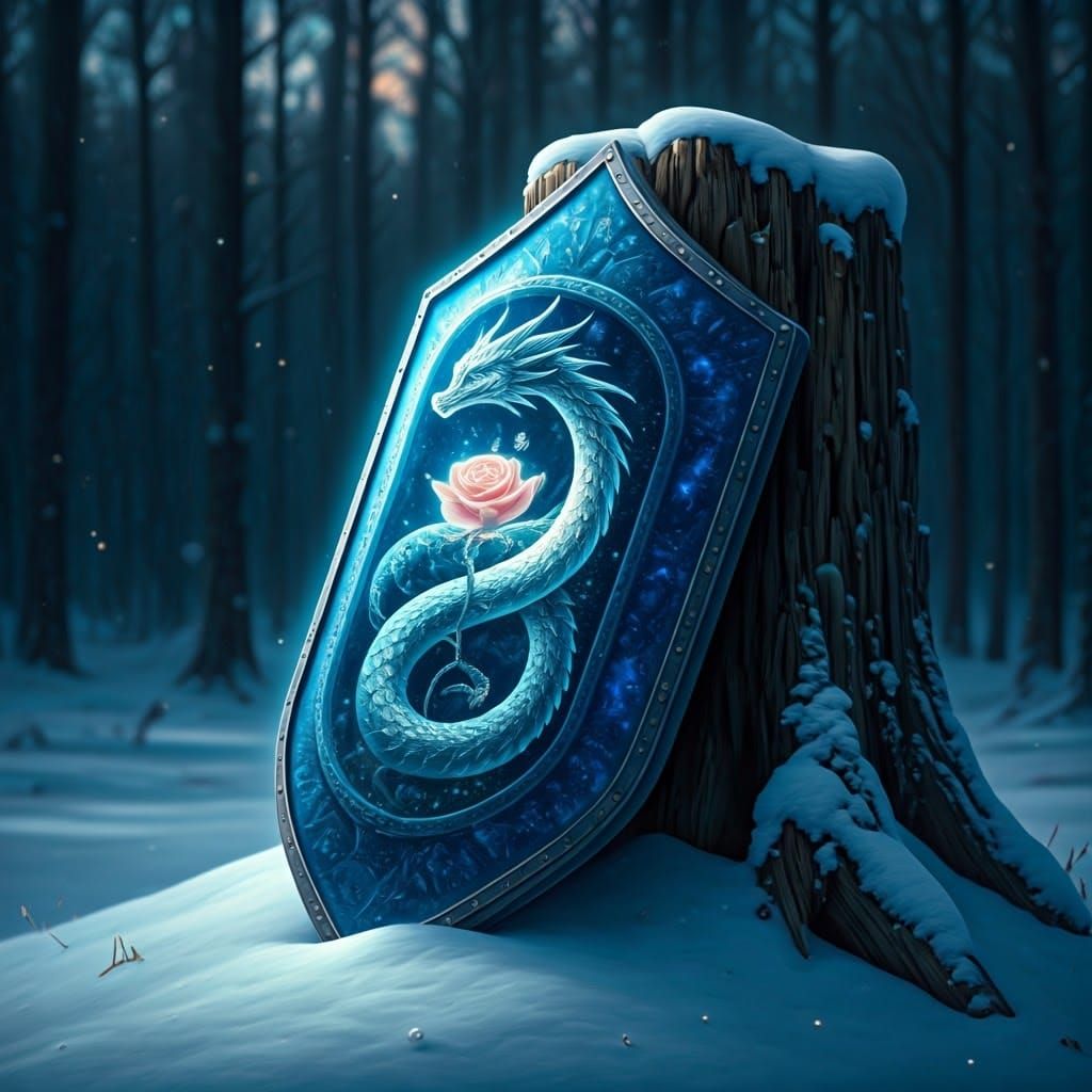 Glowing Glass Tower Shield with Radiant Dragon and Frost-Kis...