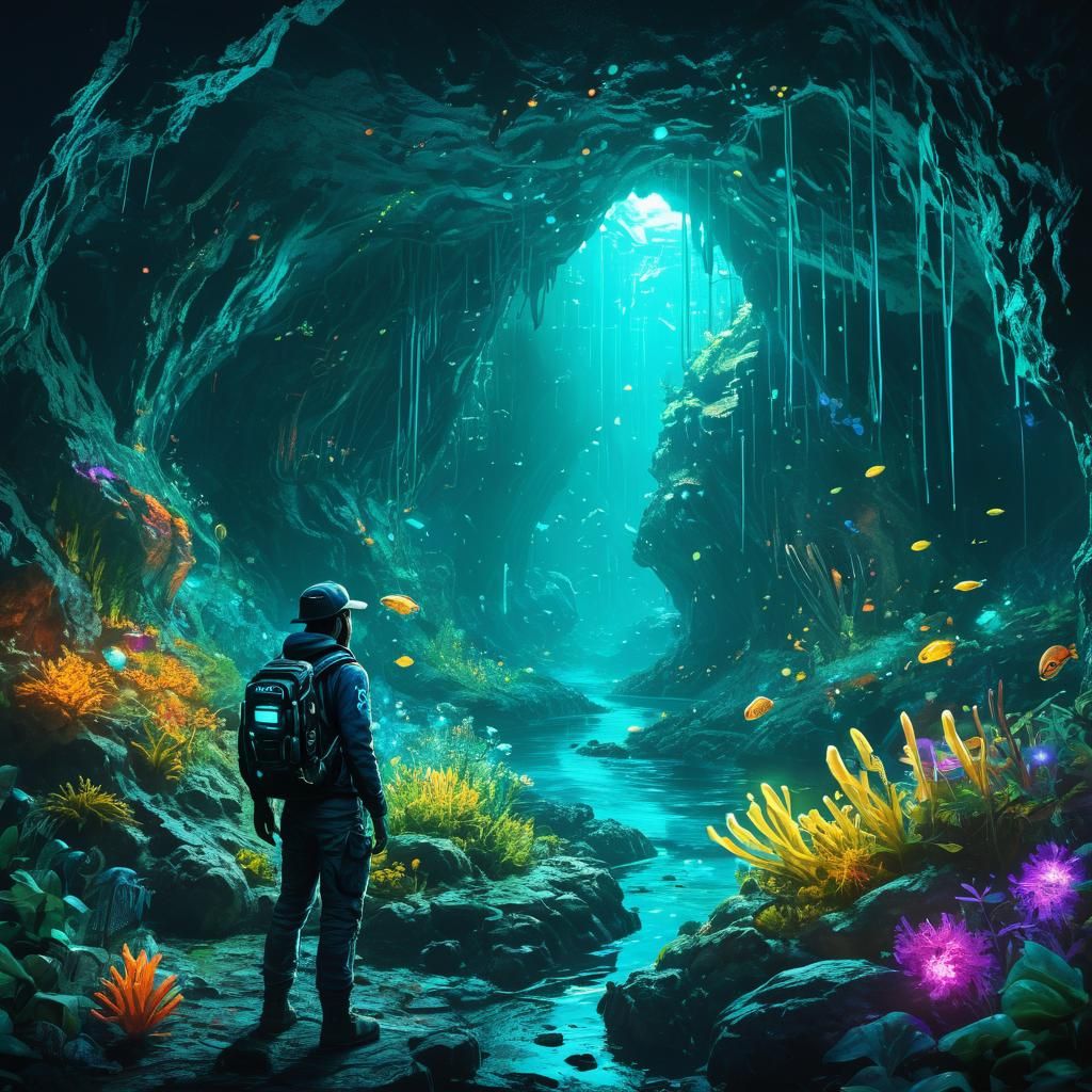 A biopunk explorer discovering a hidden, bioluminescent cave filled with genetically modified flora and fauna.
