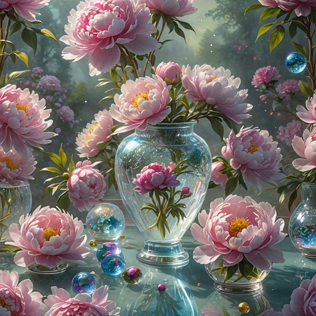 Ethereal Glass Peonies in Crystal Vase, 3D Render