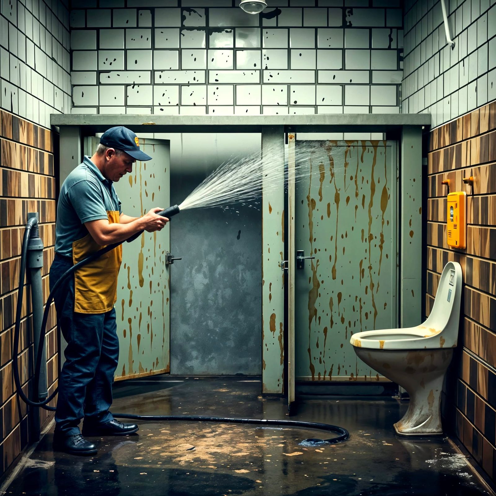 Hose-Down Hygiene in a Grimy Public Toilet