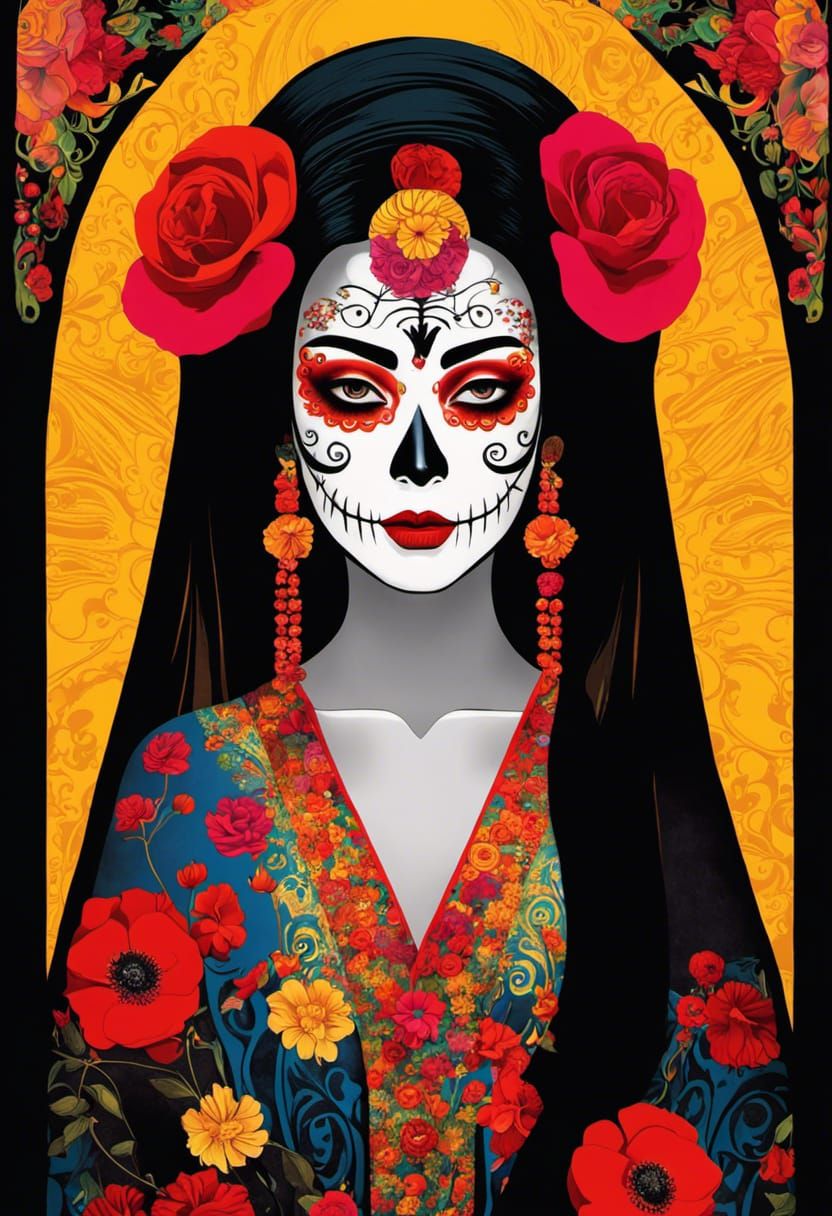 Mexican Geisha in Klimt-Inspired Día de los Muertos Style