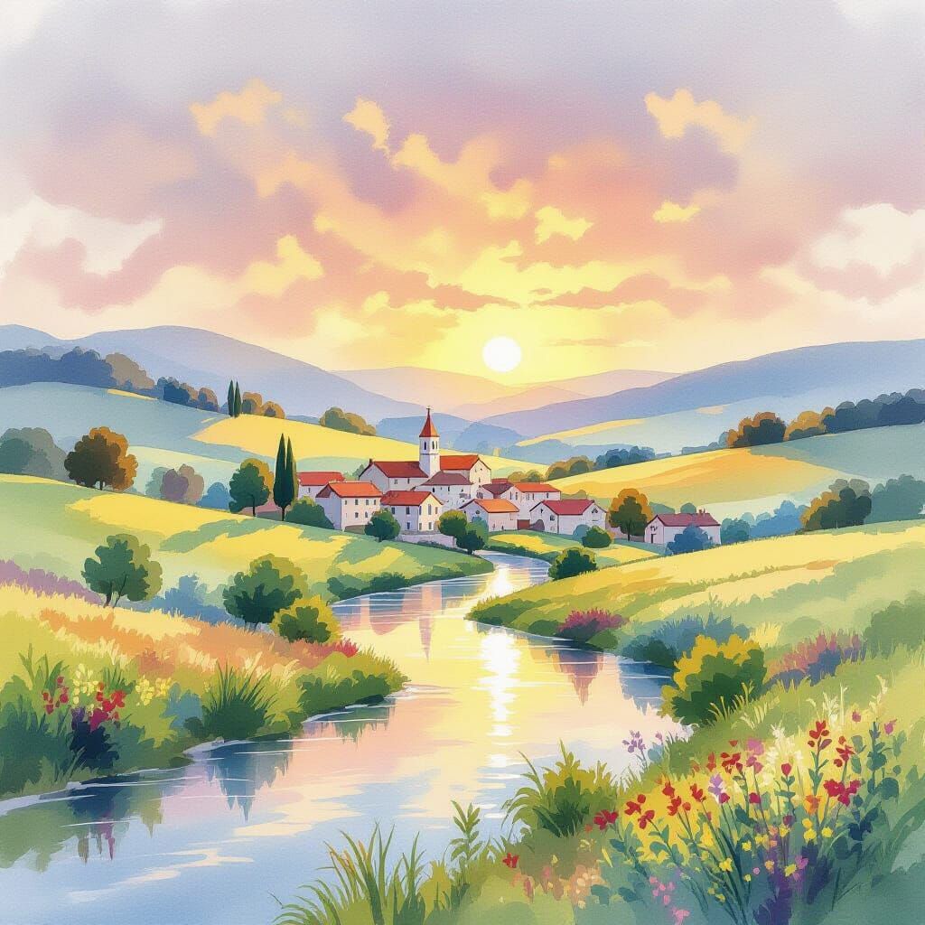 Peaceful Countryside Scene in Watercolor Painting Style