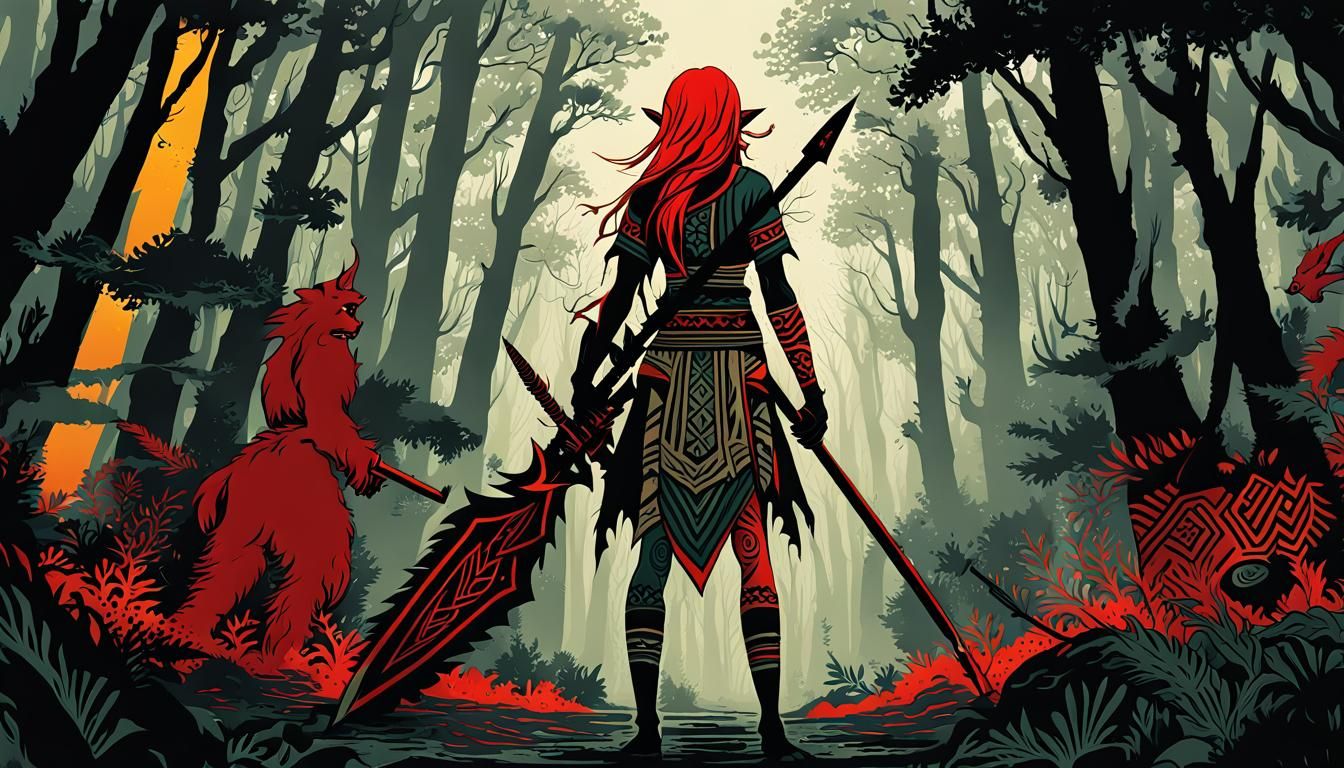 Epic Fantasy Battle Scene in Tribal Art Style