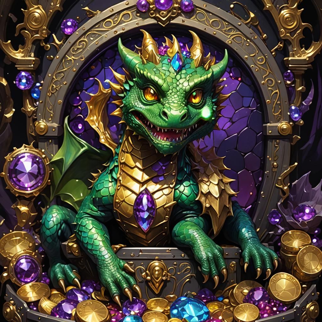 Green Dragon Cub in Jeweled Treasure Chest