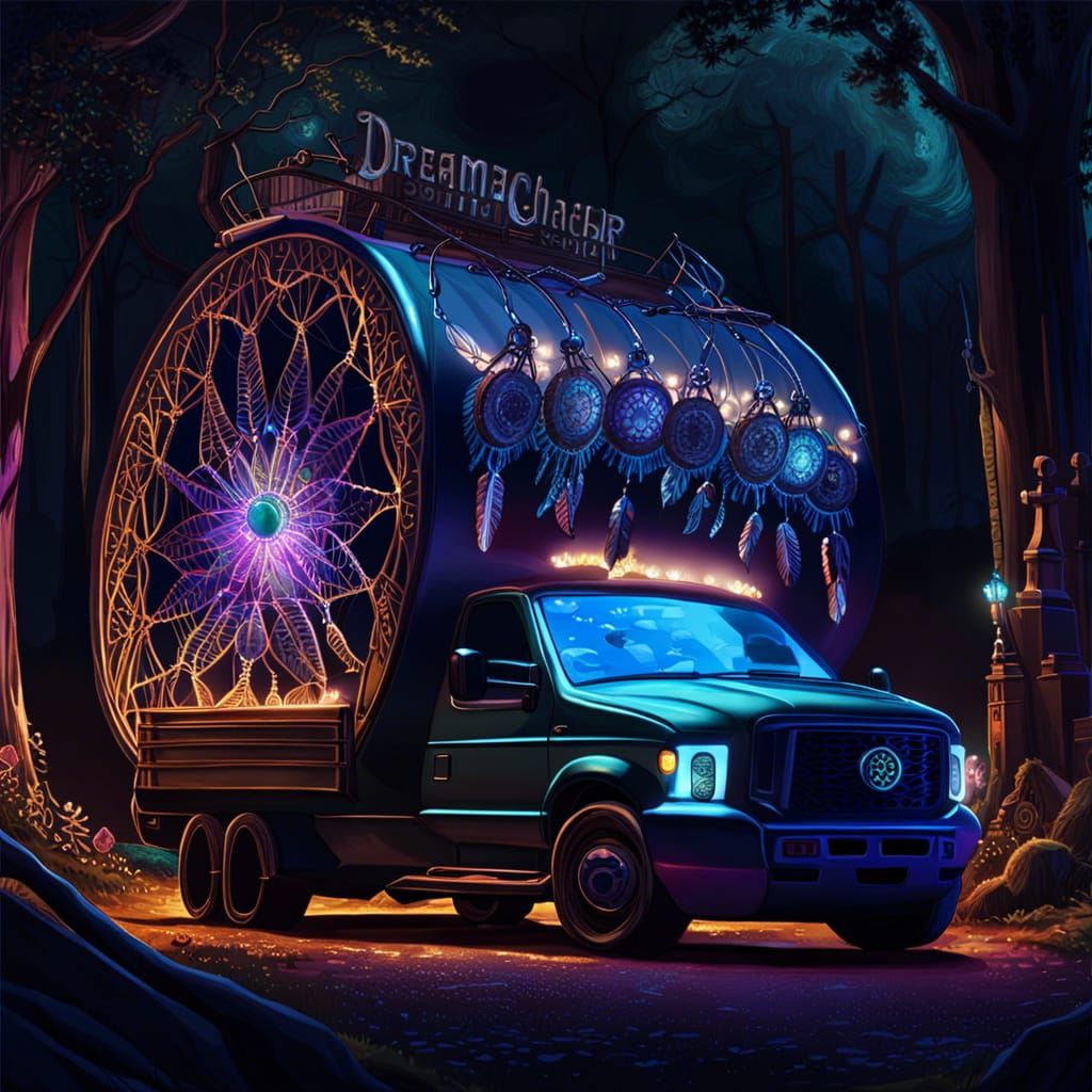 Dreamcatcher Shop Truck in Moonlit Graveyard Forest