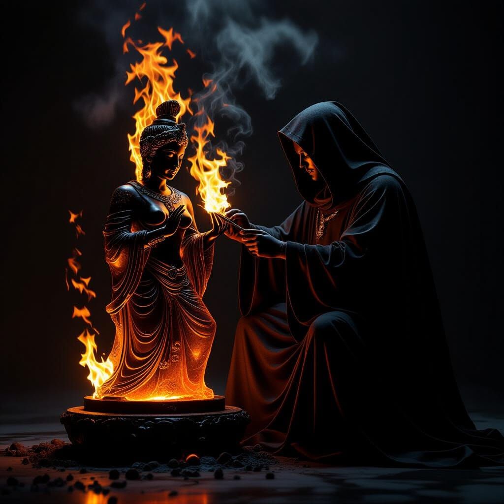 Sculptor Carves Obsidian Statues with Fire