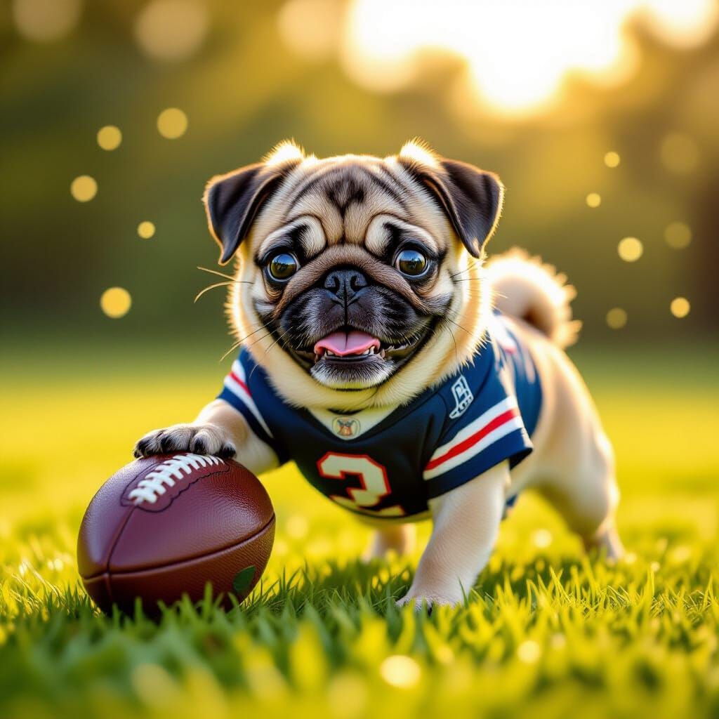 Charming Pug Plays Football in Golden Hour Light