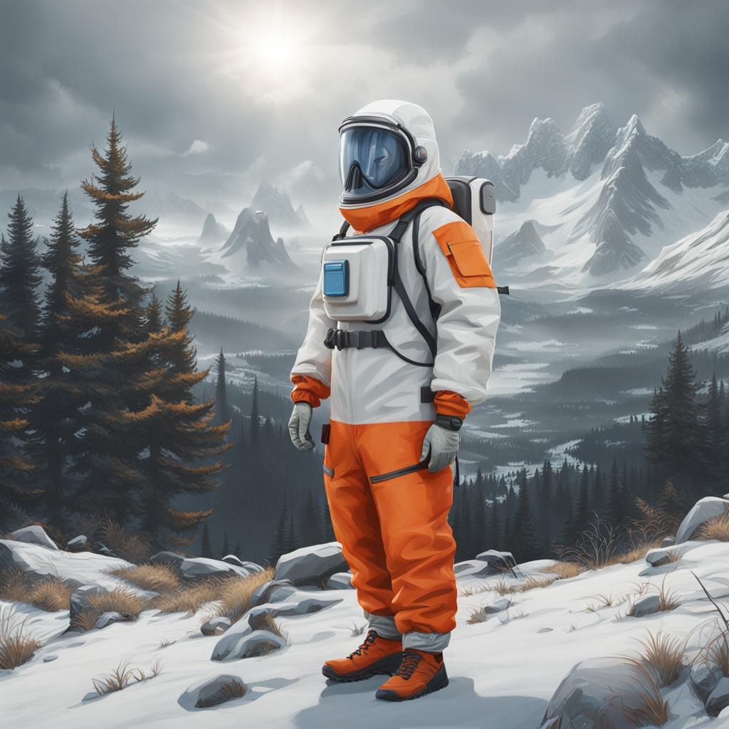 Scientist in Wilderness Wearing Protective Suit