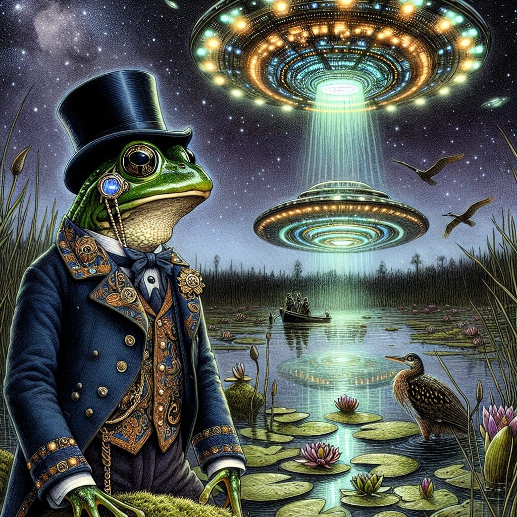 In the heart of a shadowy swamp beneath a starlit sky, a monocled frog stands atop a mossy stone, his mouth wide open in...