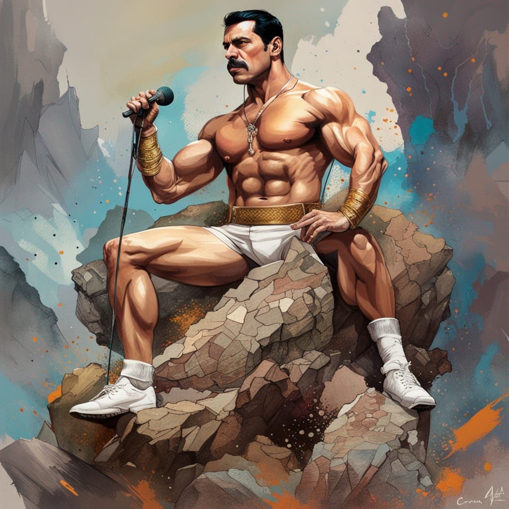 Muscular Freddie Mercury Portrait with Rock