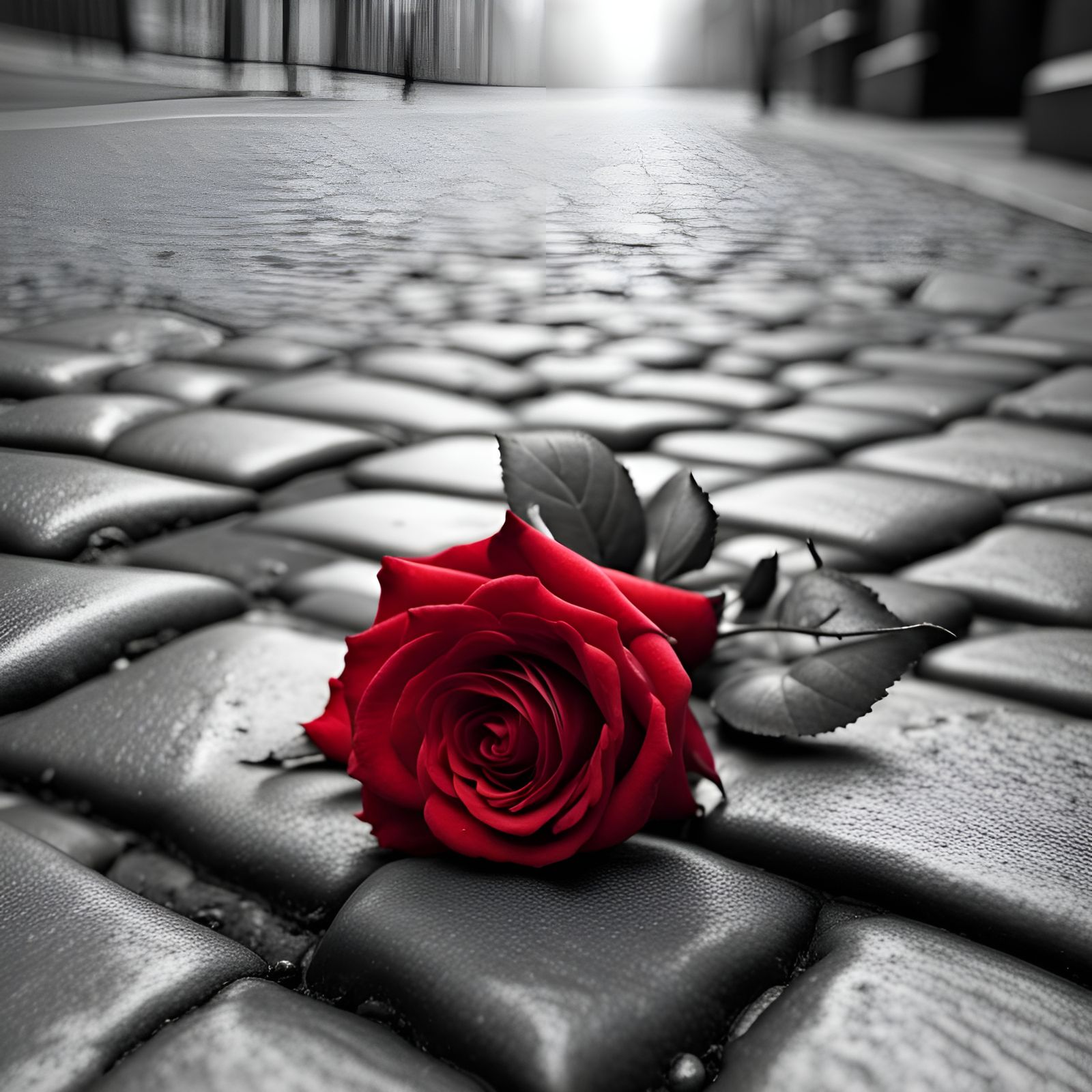 Single Red Rose on Cobblestone Street, Hyperrealistic