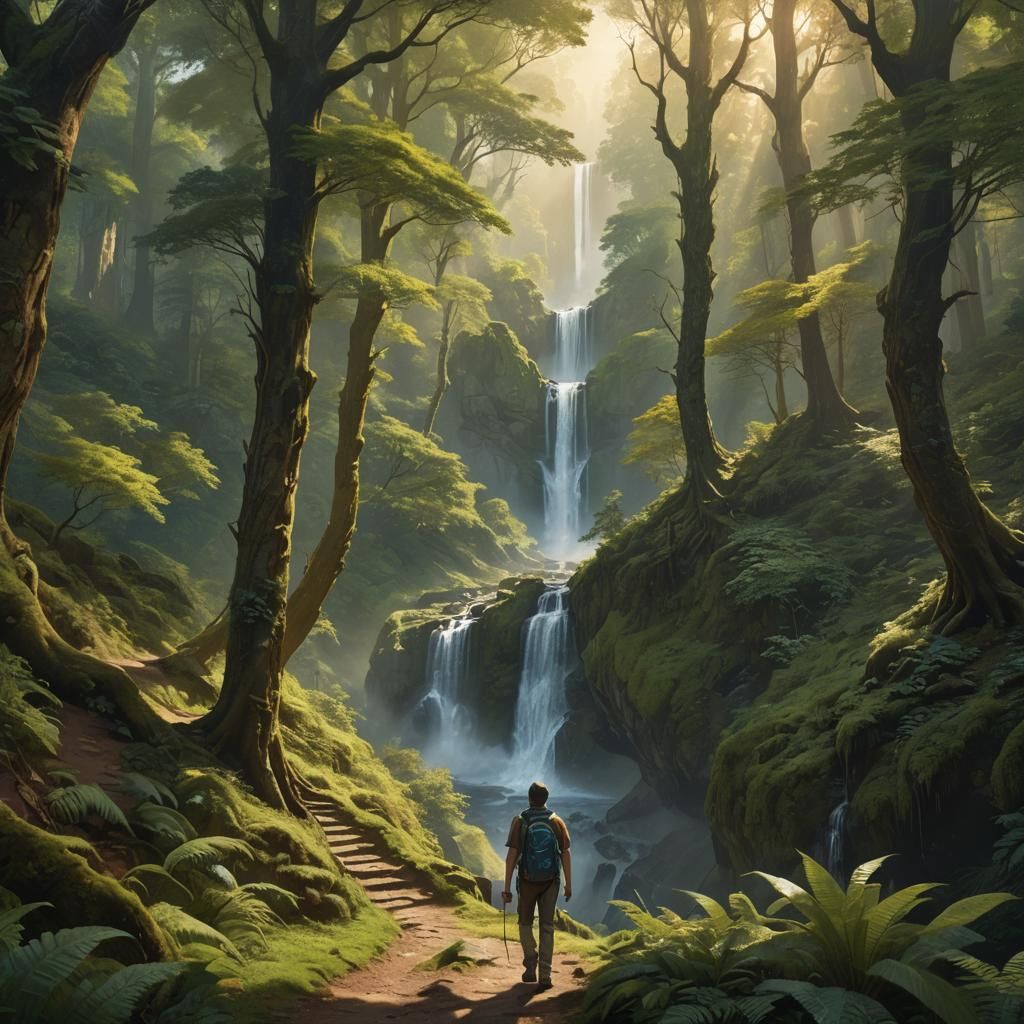 Mystical Forest Trail with Waterfall in Fantasy Style