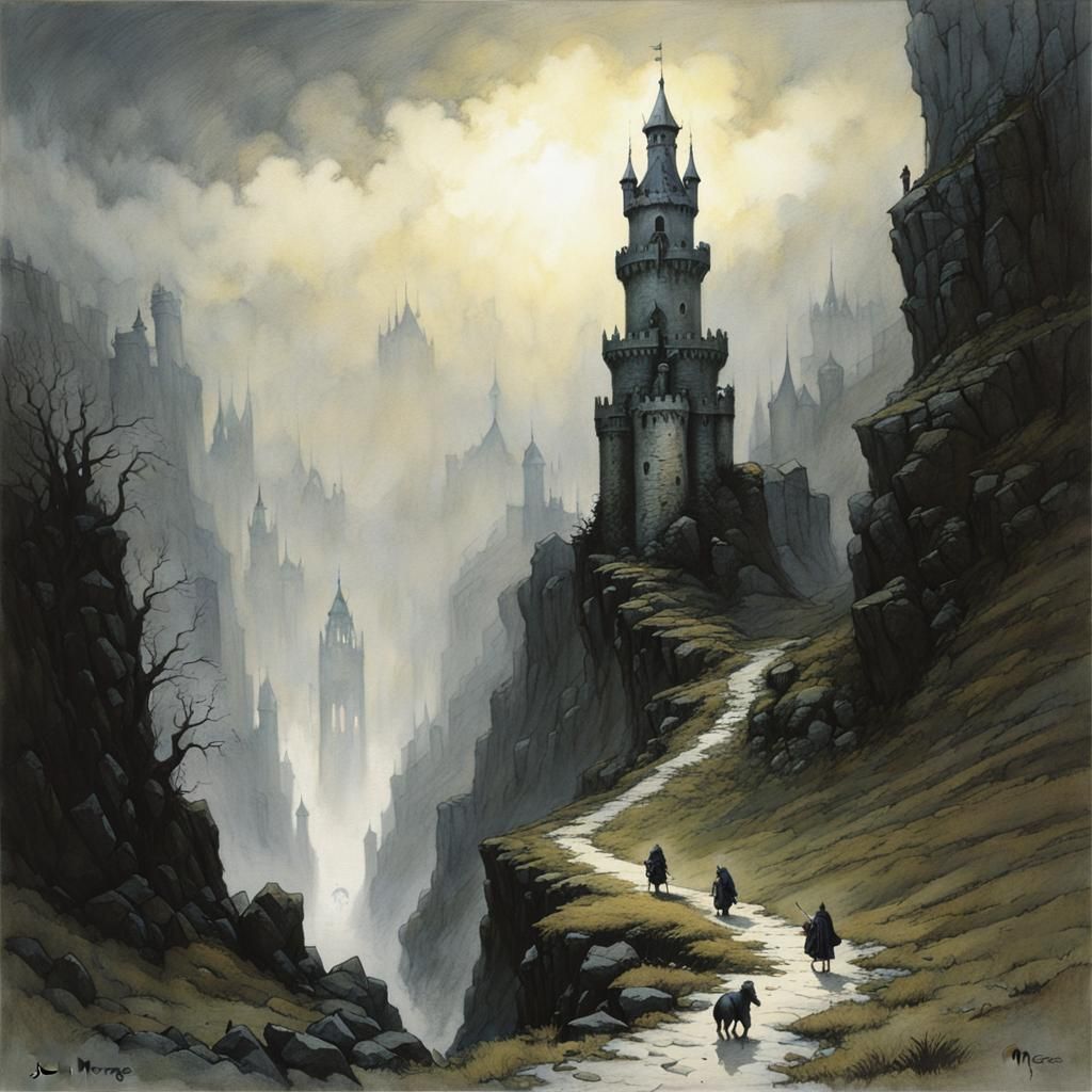 Black Tower in White Fog, Fantasy Illustration