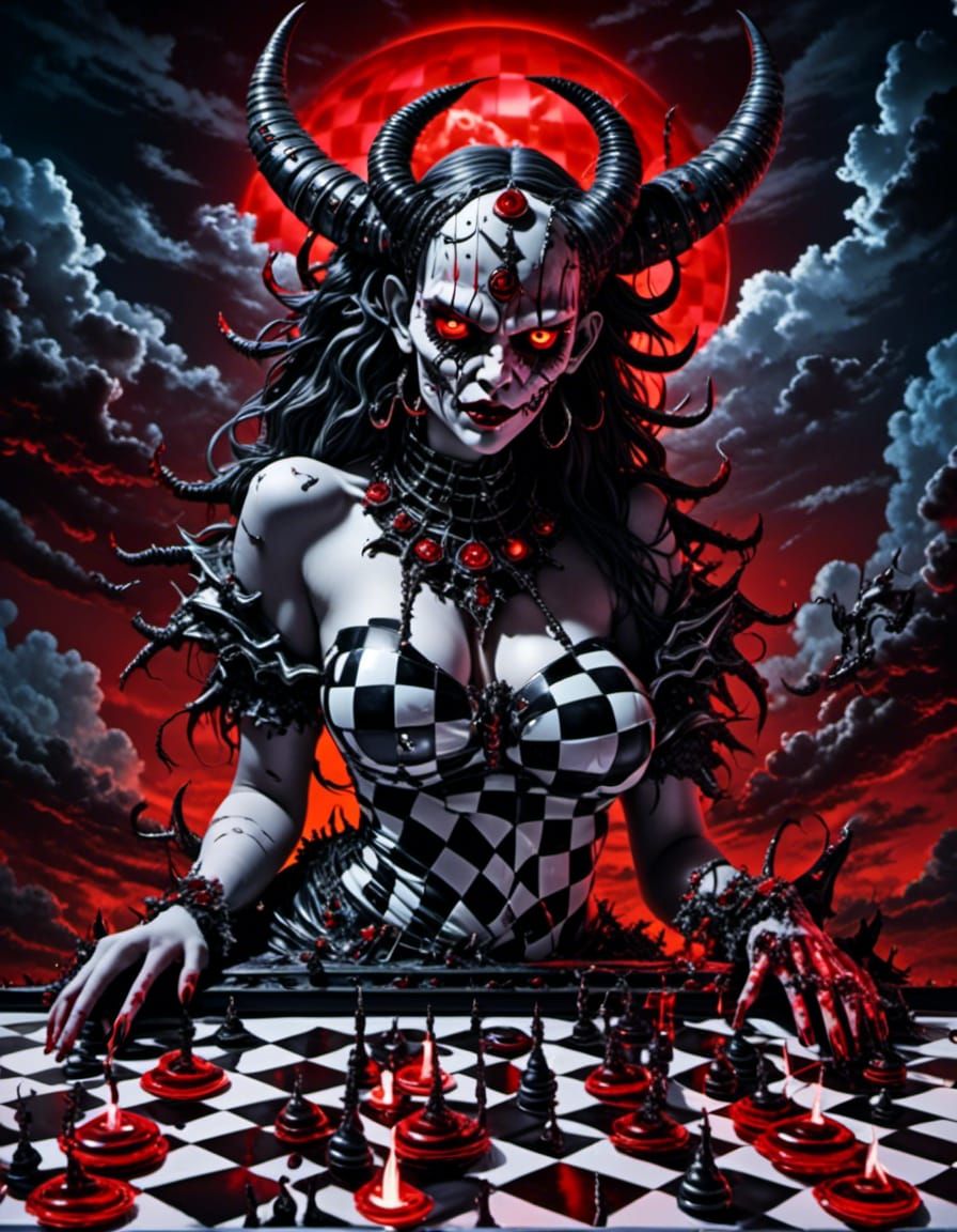 <lora:NeoGraphic Horror XL:1.0> <lora:Worship-Him:1.0> Devil girl from a checkered world