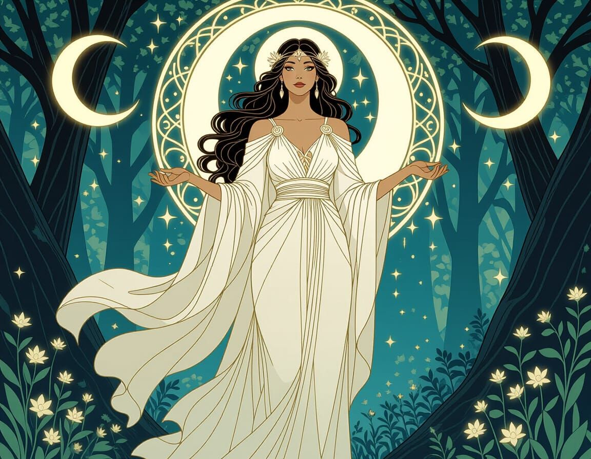 Lunar Goddess in Ethereal Art Nouveau Style