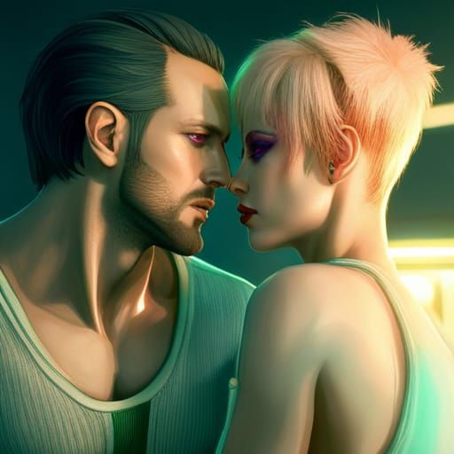 Cyberpunk Woman Kissing in Neon Cityscape