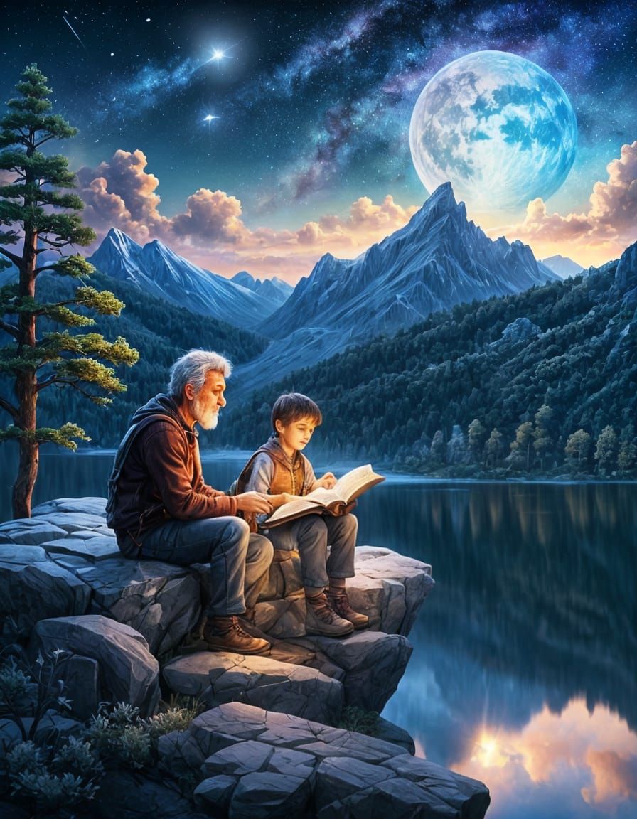 Grandfather and Grandson Stargazing: Detailed Fantasy Art
