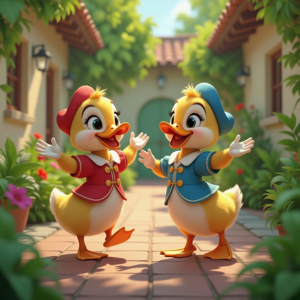 Ducklings Dance in Courtyard: Hyperrealistic 3D Cartoon