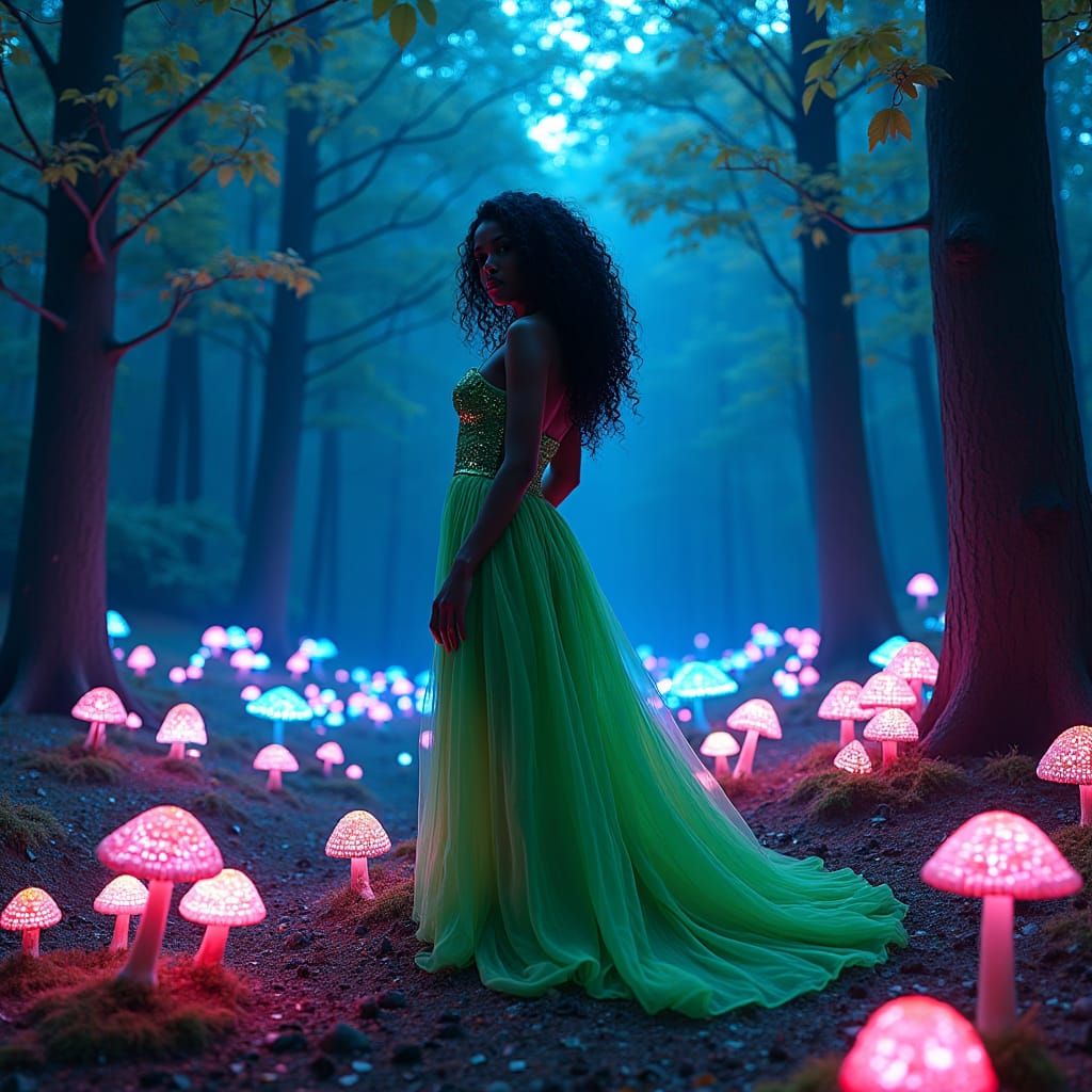 Emerald Woman in Fluorescent Forest, Graffiti Art