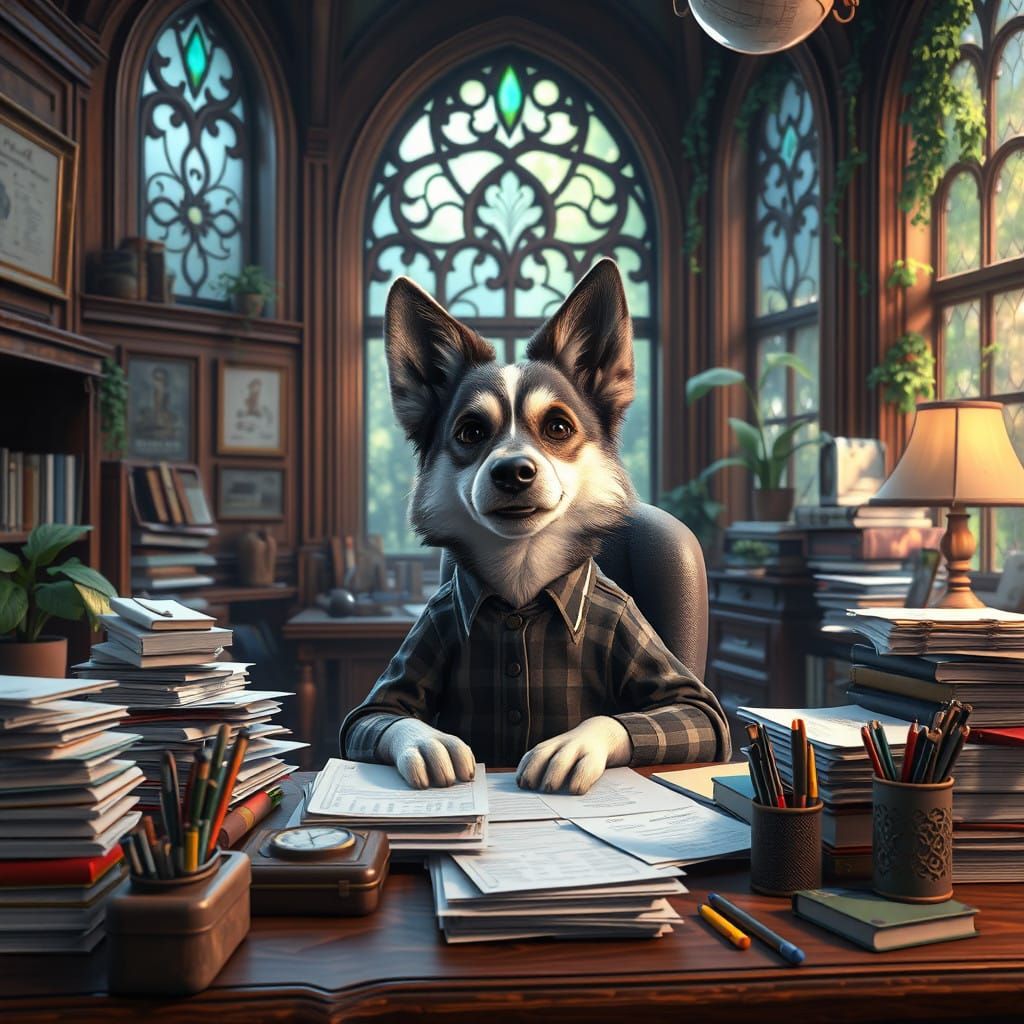 Fantasy Office Worker in Whimsical High-Fantasy Environment