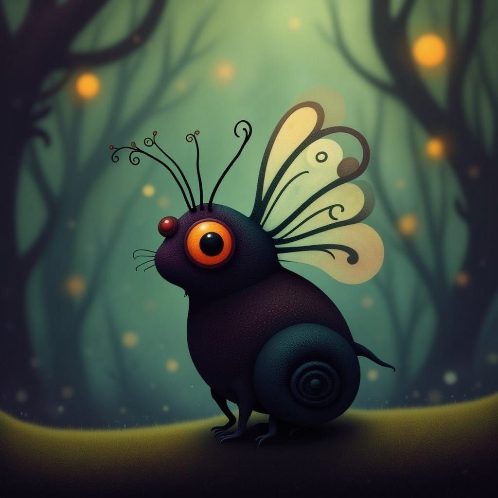 Cute Creature with Iridescent Wings in Enchanted Forest