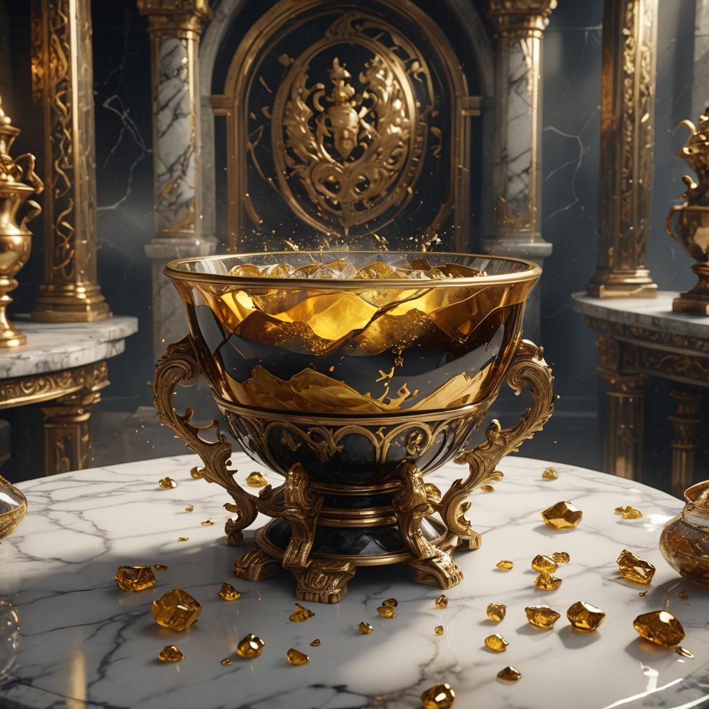 Golden Mead Overflowing from Krater on Marble Table