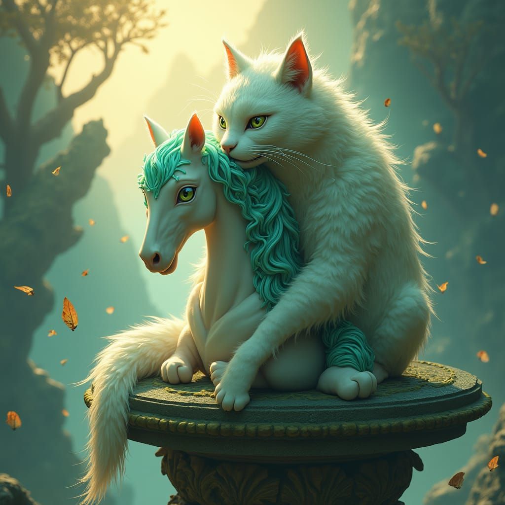 Anthropomorphic Cat Devouring Horse in Dreamscape
