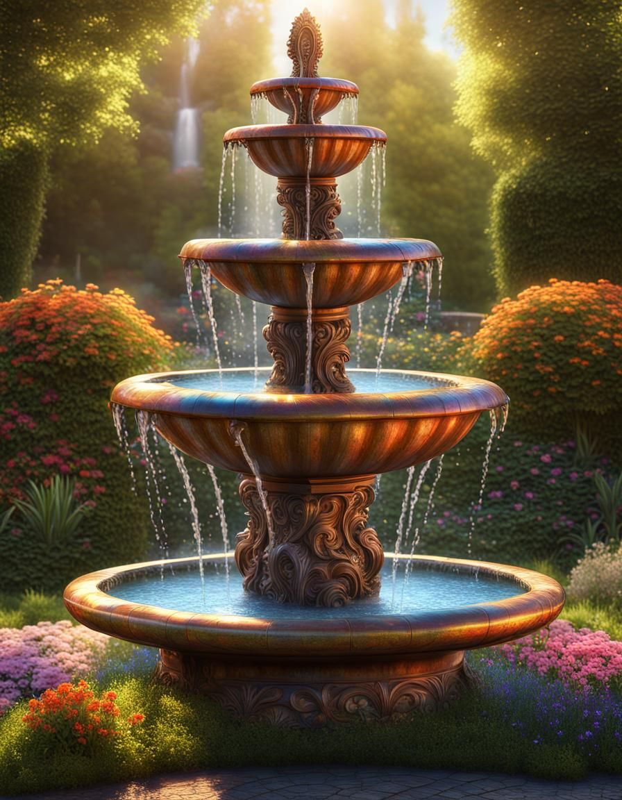 Rainbow Water Fountain in Sunlit Garden