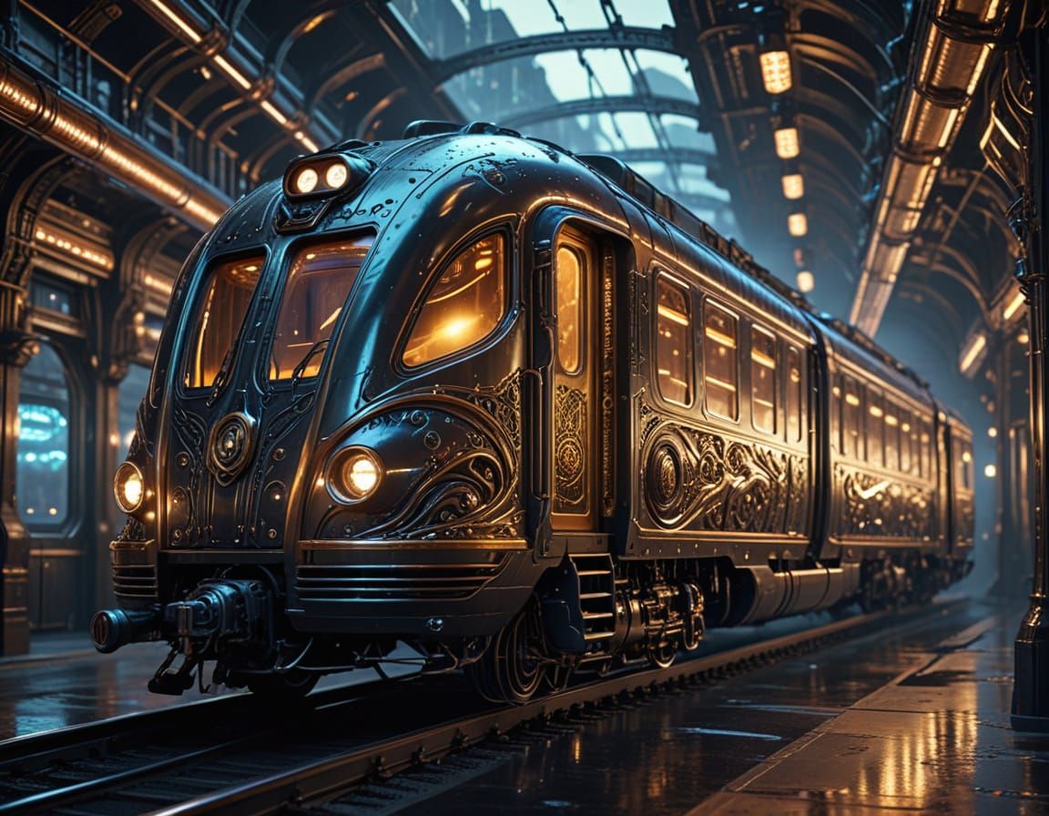 Retro Futuristic Train Blasts Through Cosmic Landscape in Ar...