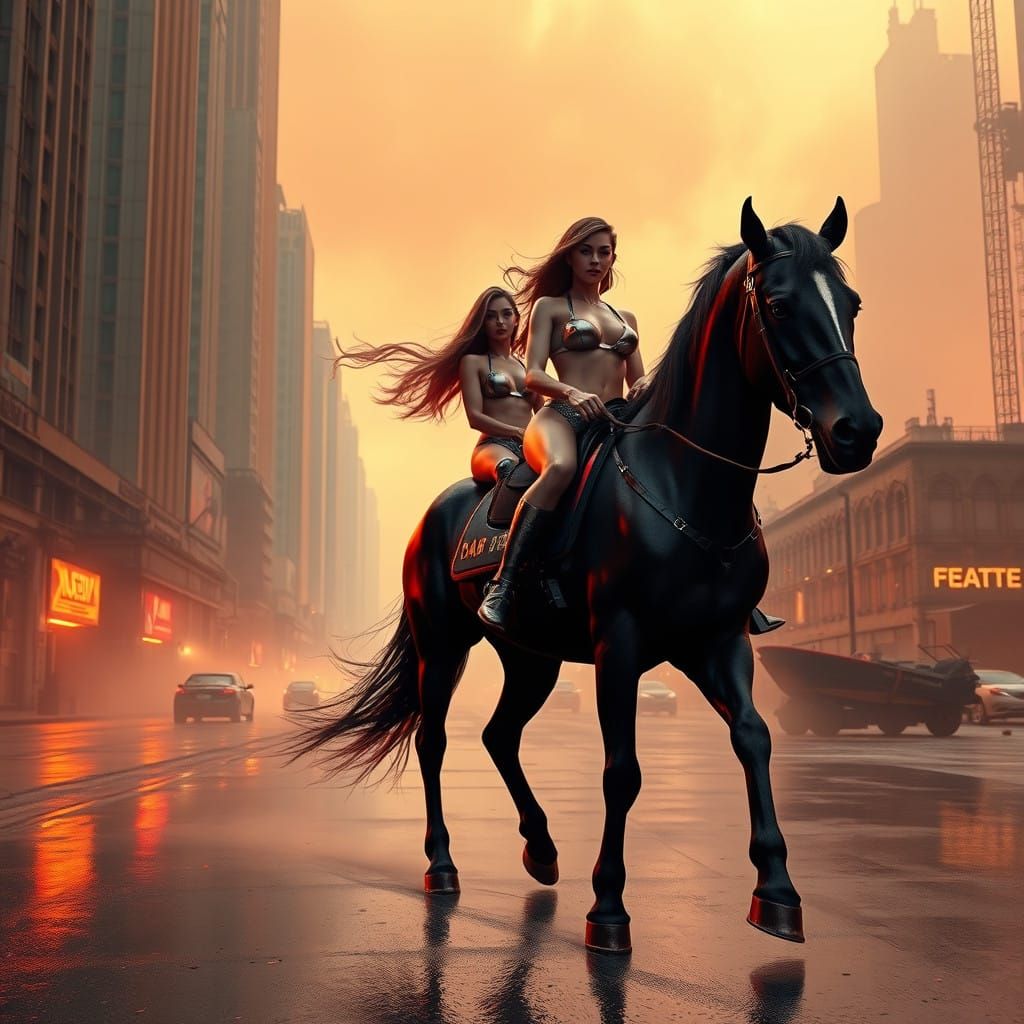 Tech-Noir Women Ride Majestic Black Horse through Futuristic...