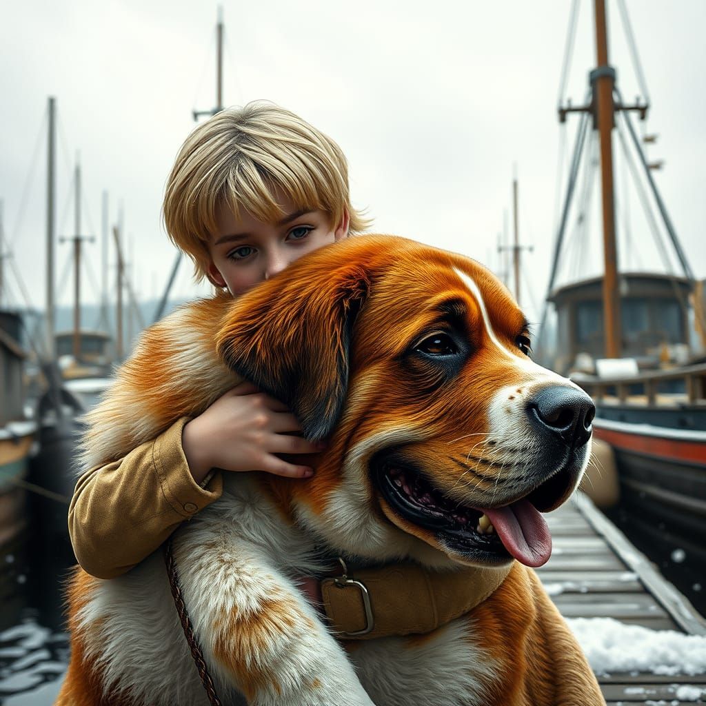 Girl and St. Bernard in Winter Docks