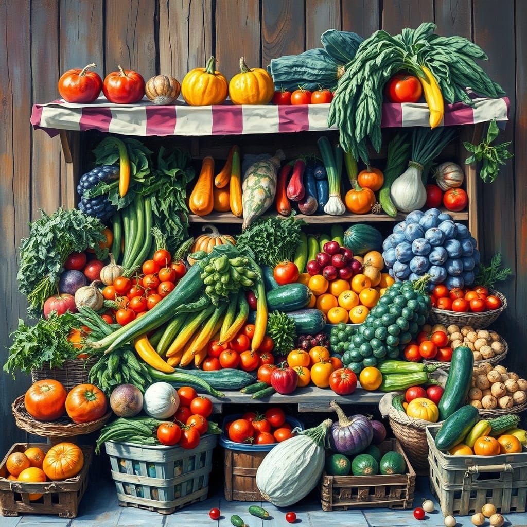 Colorful Vegetable Stand in Impressionist Gouache Style