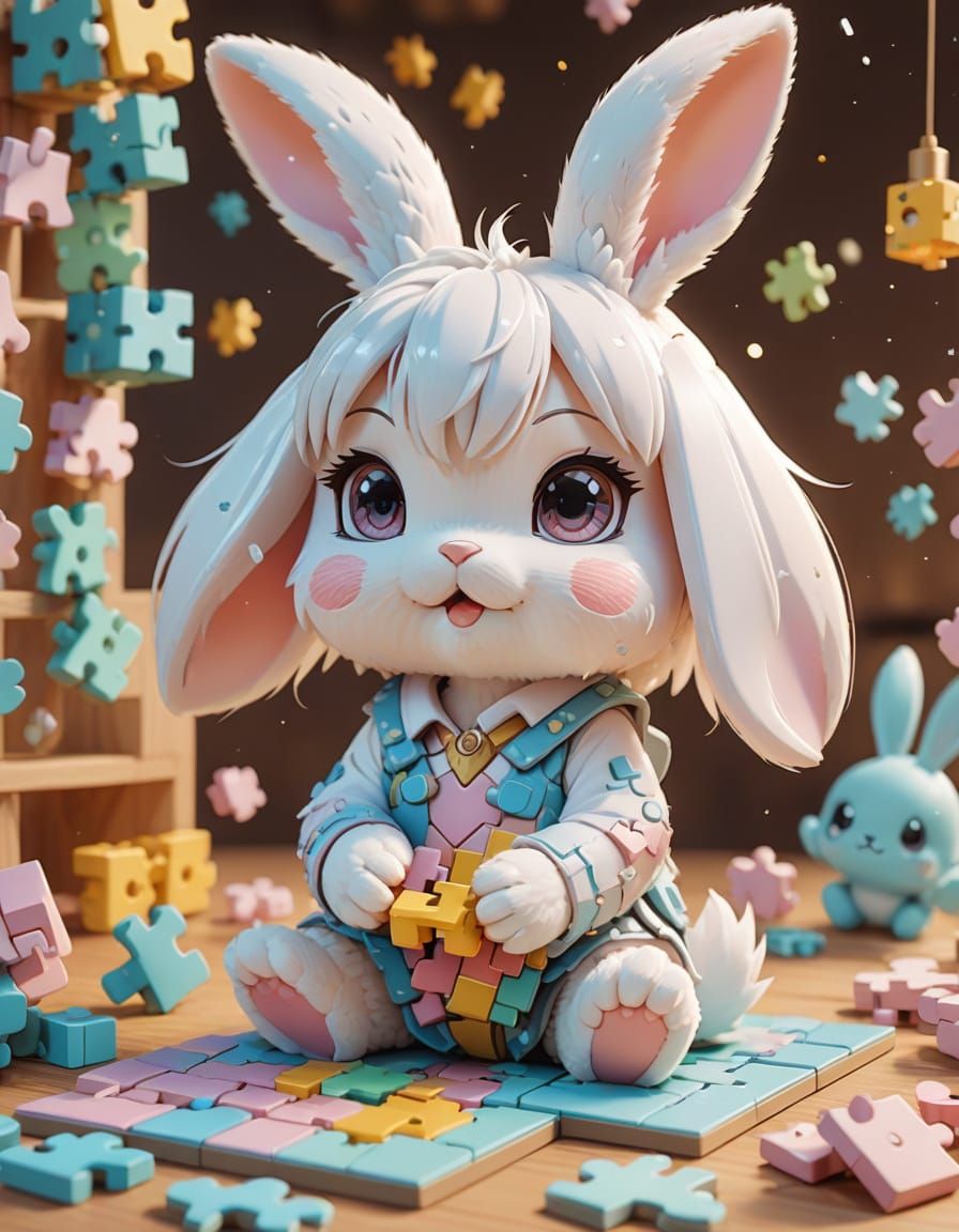 Cute Chibi Rabbit Crafting Puzzle in Soft Pastel Colors
