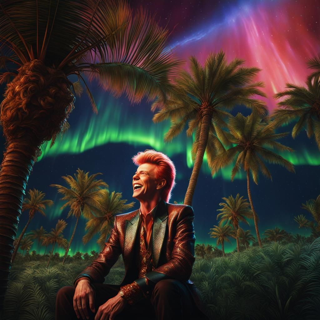 David Bowie Laughing Under Northern Lights, Detailed Paintin...