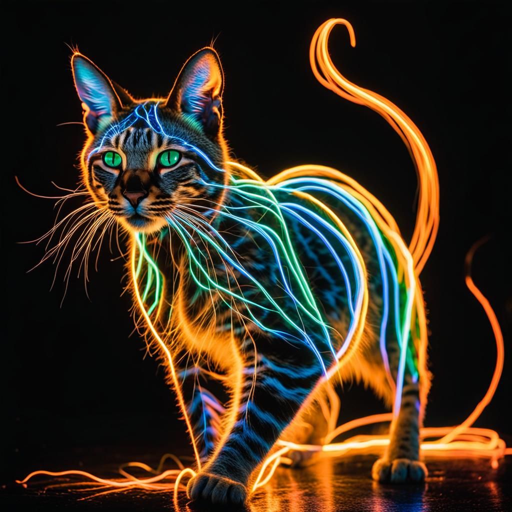 Glowing Wild Cat Made of Neon Light Trails