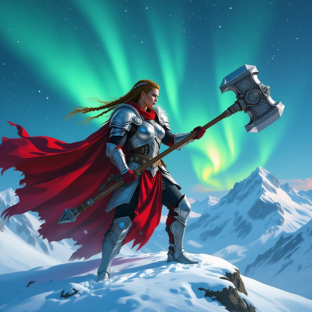 Valkyrie Warrior on Snowy Peak Under Aurora