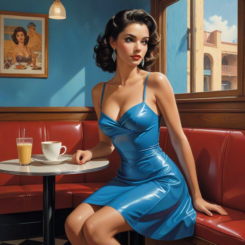Vintage Pin-Up Girl in a Blue Latex Dress