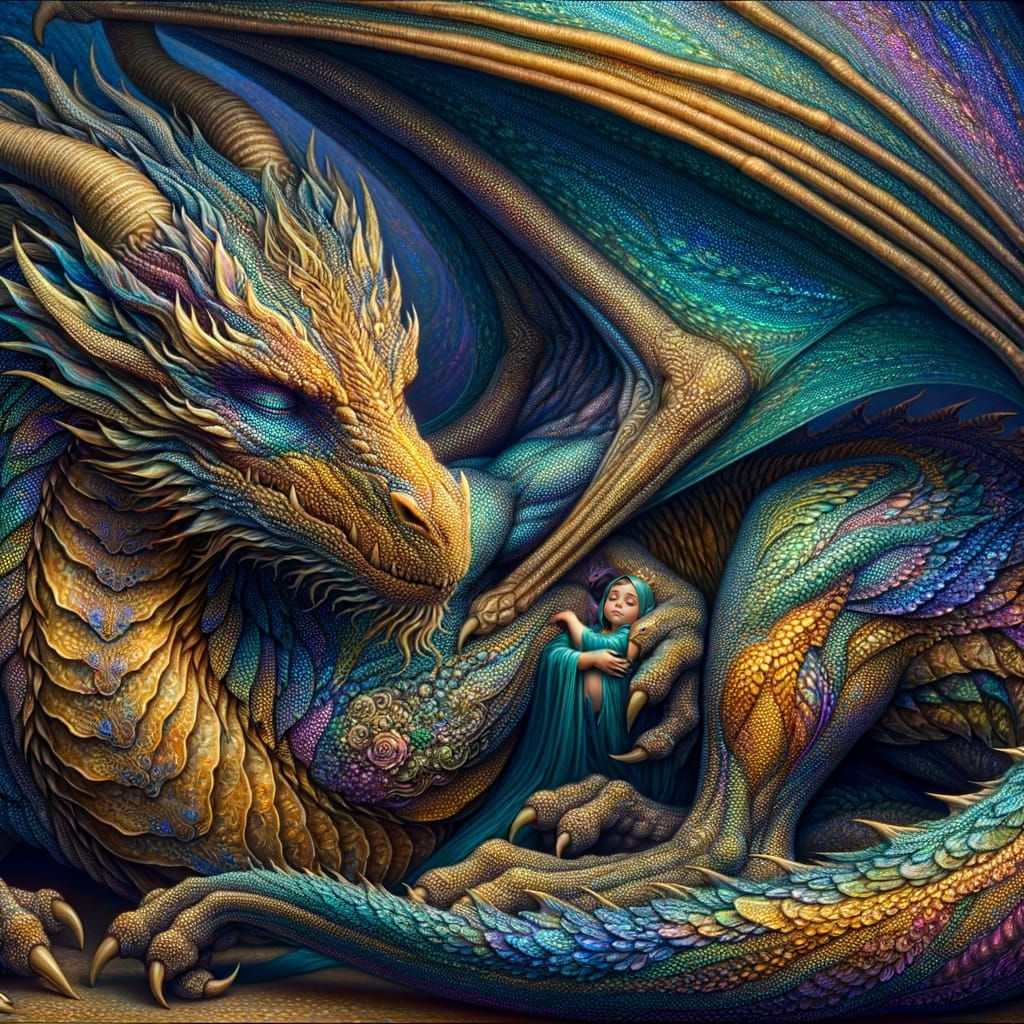 Majestic Dragon Shelters Tiny Elf in Iridescent Scales