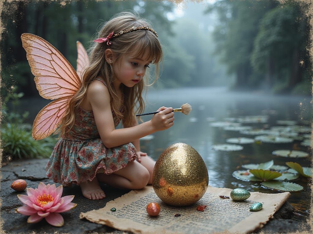 Whimsical Fairy Paints Easter Egg in Enchanted Garden