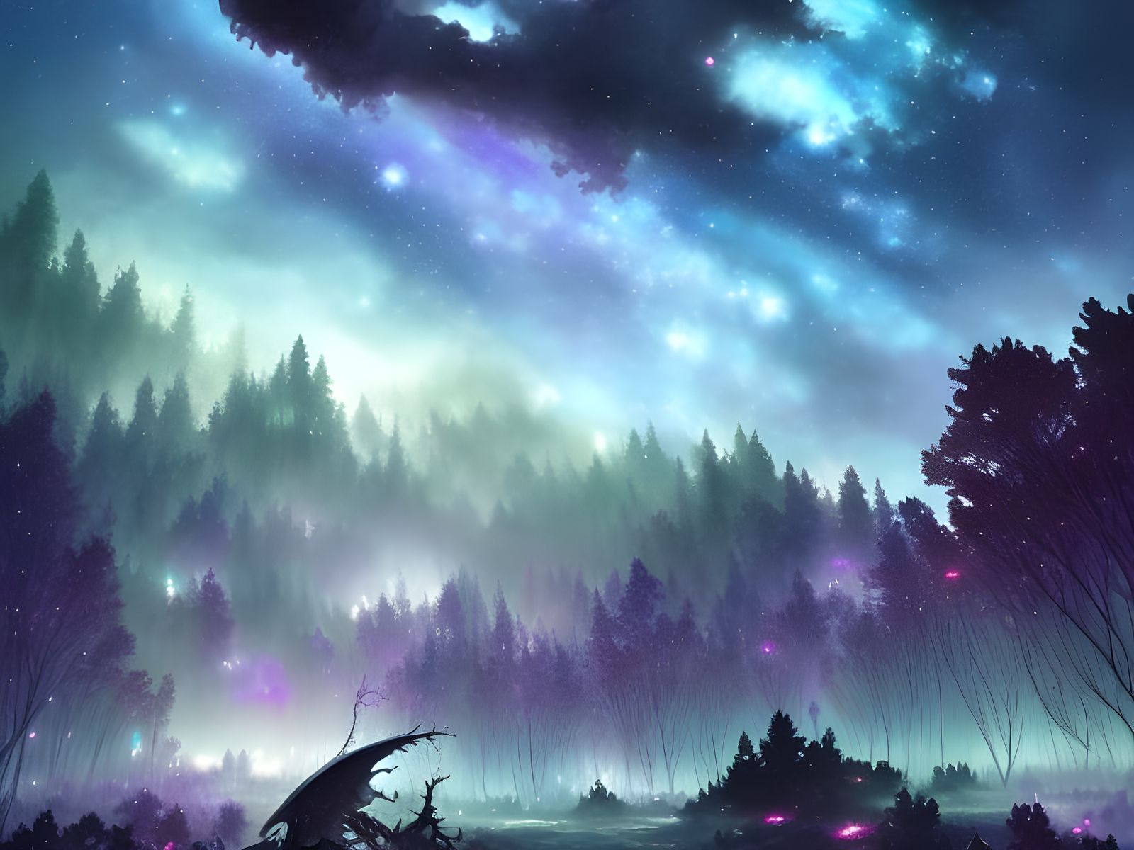 Psychedelic Forest Galaxy with Jellyfish Sprites