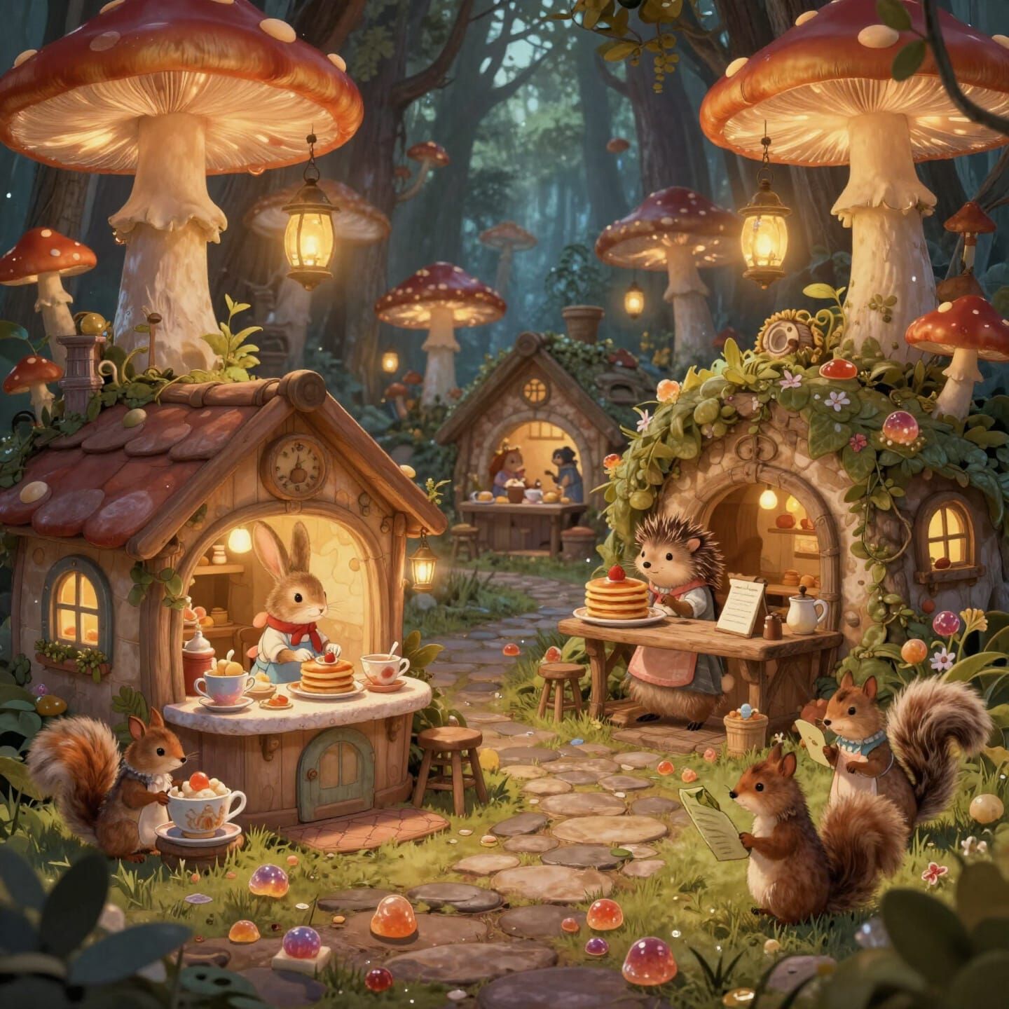 Whimsical Animal Village in Bioluminescent Mushroom Forest