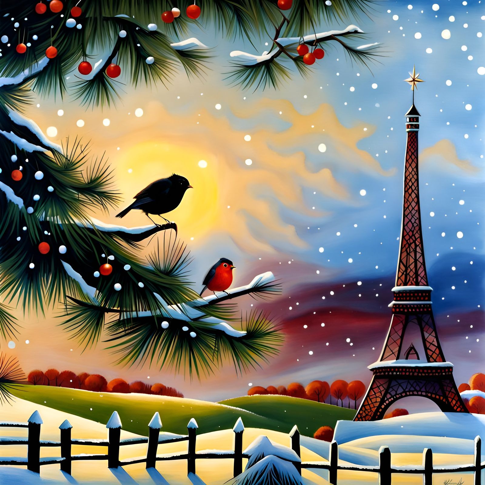 Christmas Robin in Winter Village: Naive Art
