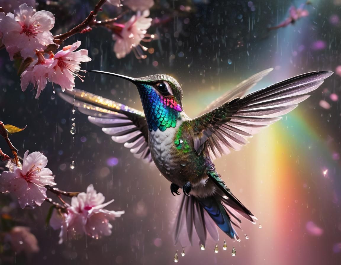 Hummingbird in Moonlight with Rainbow Dew Drops