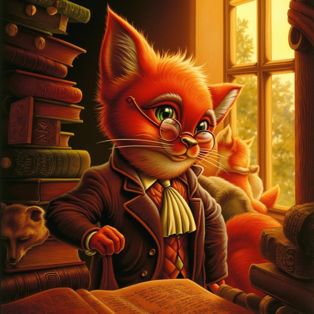Mischievous Fox in Waistcoat Reads Books in Golden Hour Ligh...