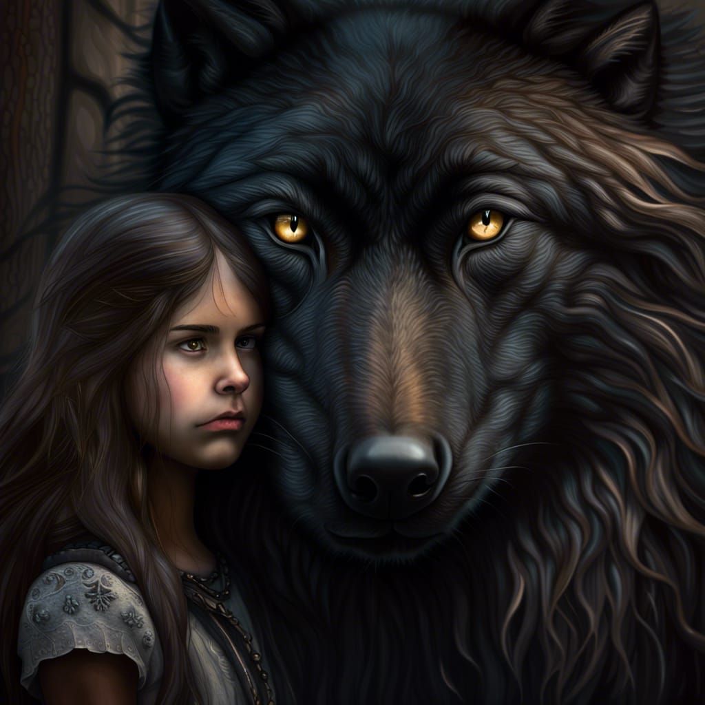 Black Wolf Protecting Teenage Girl in Hyperrealistic Detail