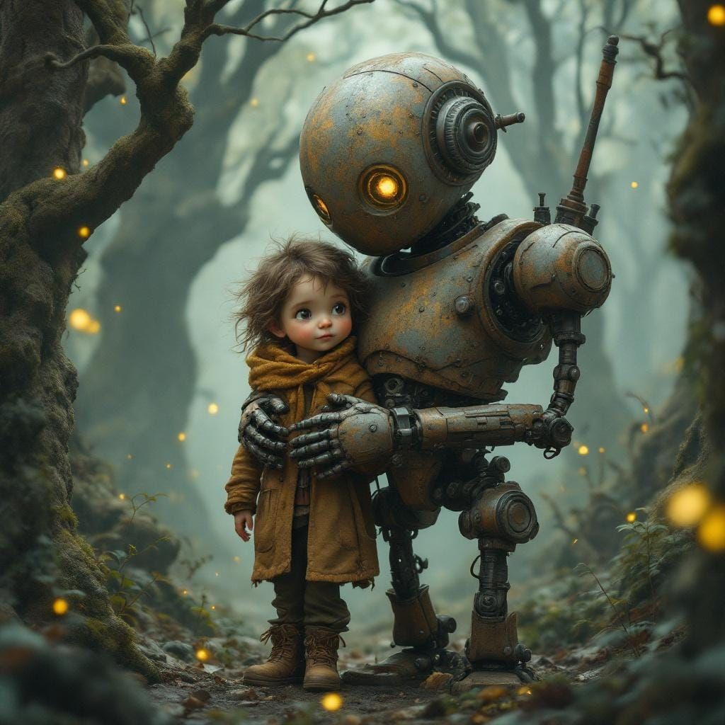 Child and Robot Embrace in Misty Forest